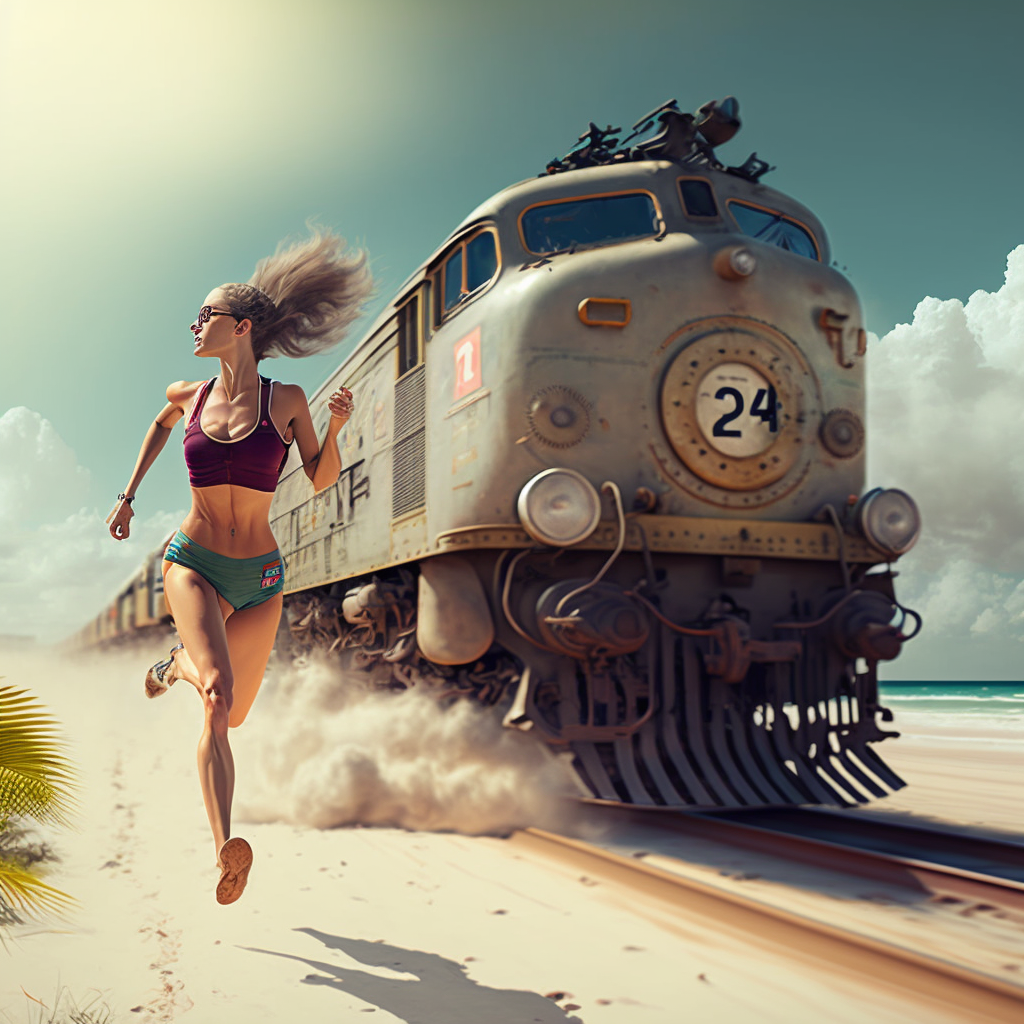 Ein aus Midjourney generiertes Bild, dass eine am Strand joggende Frau zeigt, neben der ein alter Zug vorbeifährt