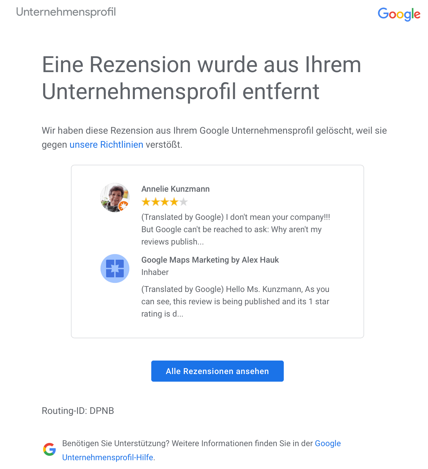 Google Bewertung löschen lassen