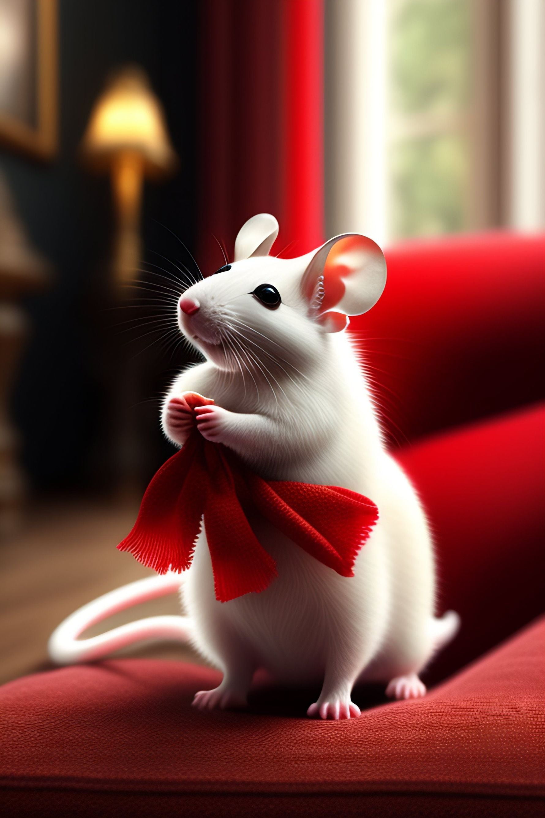 weiße Maus mit rotem Schal im Wohnzimmer